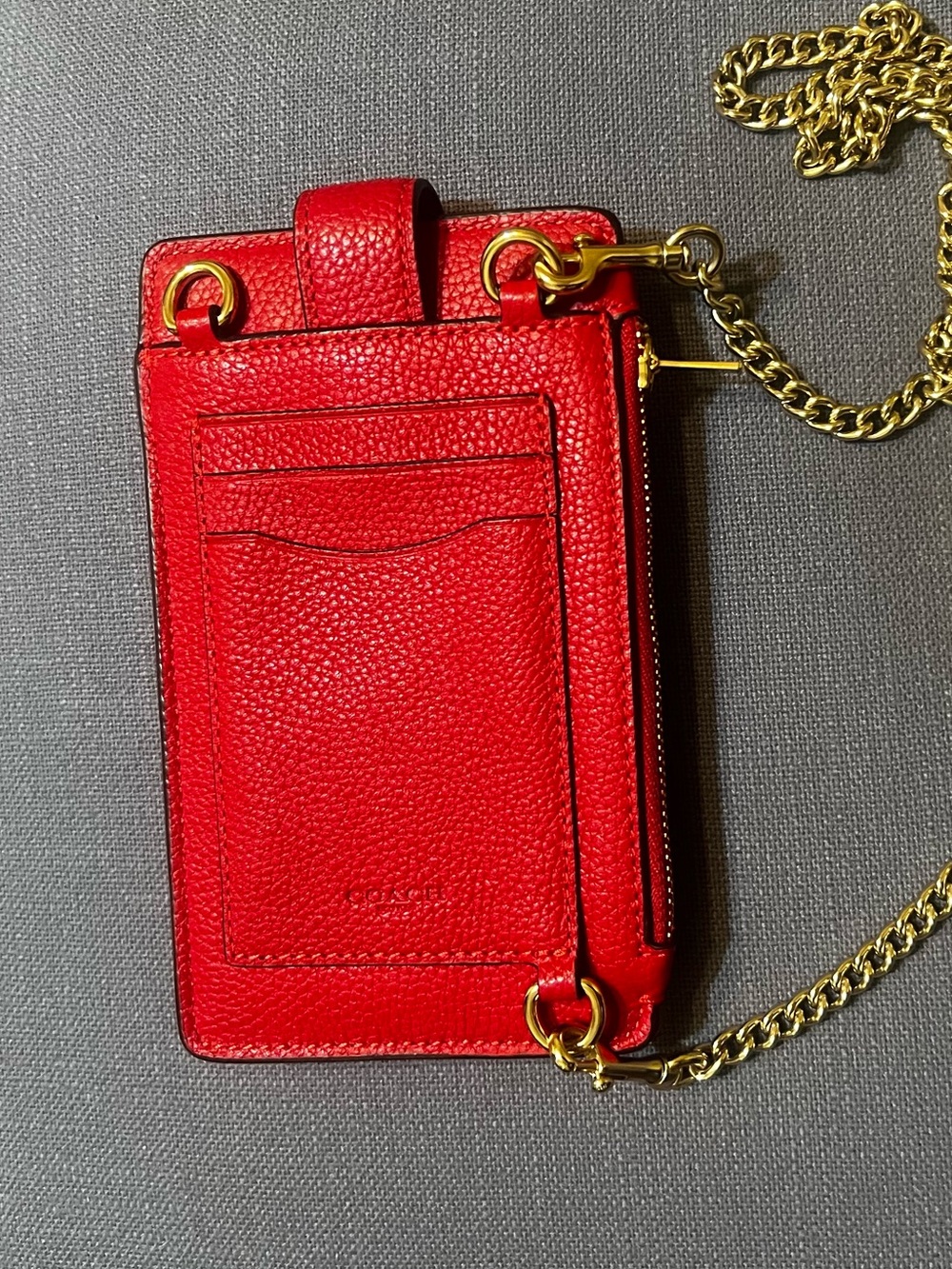 Coach Red Pebbled Leather Card Crossbody with Gold Chain